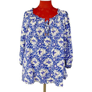 C & C California Casual Top Blue & White Batik Peasant Blouse Size S Boho Beachy